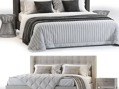 Modern Double Bed With Black Light Colored Headboard Gray Quilt And Nightstand 3d model
