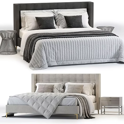 Modern Double Bed With Black Light Colored Headboard Gray Quilt And Nightstand 3d model