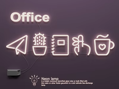 Modern Office Neon Lamp Combination with Paper Plane Cactus Notebook Flower and Cup Designs 3d model