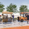 Mobile Food Carts In Outdoor Street Scene With Trees Balloons And People