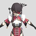 Eastern Themed Female Character In Red Black Outfit With White Fur Trim And Small Creature