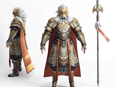 Ancient Warrior Character In Ornate Golden Armor With White Hair Red Cape And Spear 3d model