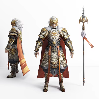 Ancient Warrior Character In Ornate Golden Armor With White Hair Red Cape And Spear 3d model