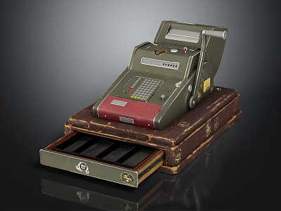 Vintage Cash Register Placed On Brown Leather Case With Open Drawer And Metallic Body 3d model