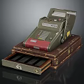 Vintage Cash Register Placed On Brown Leather Case With Open Drawer And Metallic Body