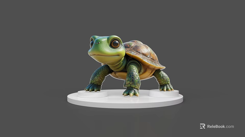 3D Reptile Turtle Model With Green Head Brown Shell White Base And Gray Background 3d model