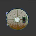 Round Metal Framed Device With Orange Exterior Circular Transparent Panel And Purple Blue Components