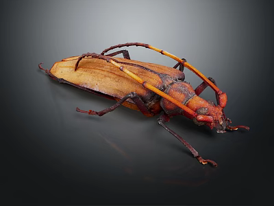 Brown And Orange Beetle With Long Antennae On Dark Background 3d model