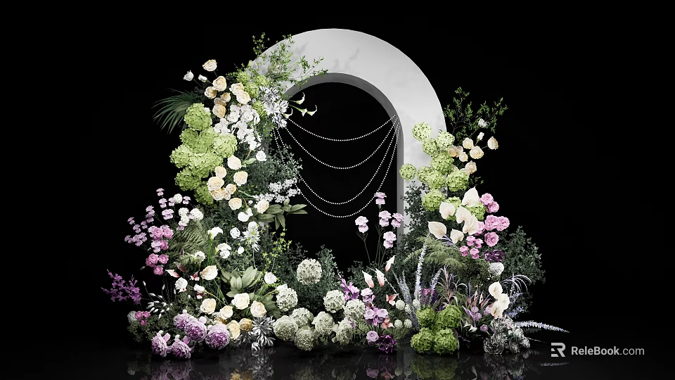 Elegant Floral Event Entrance With Round Arch Colorful Blooms Greenery And Hanging Chains 3d model 