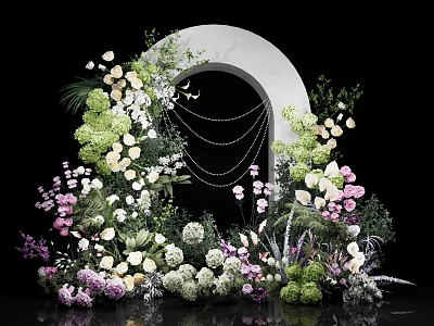 Elegant Floral Event Entrance With Round Arch Colorful Blooms Greenery And Hanging Chains 3d model