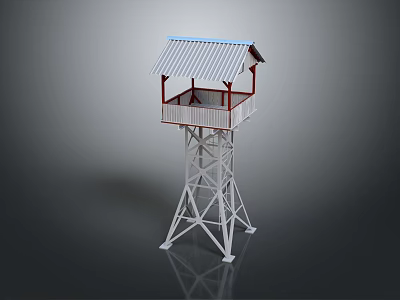 White Metal Frame Tower With Top Platform Railing And Blue White Striped Roof 3d model