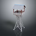 White Metal Frame Tower With Top Platform Railing And Blue White Striped Roof
