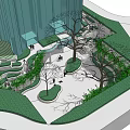 Modern Urban Landscape Garden with Winding Paths Trees and Green Seating Areas