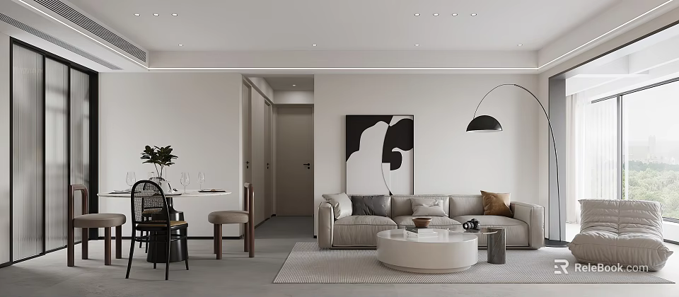 Modern Living and Dining Room Interior With Sofa Round Coffee Table Dining Chairs and Artwork 3d model