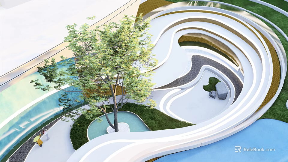 Modern Garden Landscape With Curved Pathways Trees Small Pools And Greenery 3d model