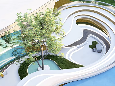 Modern Garden Landscape With Curved Pathways Trees Small Pools And Greenery 3d model