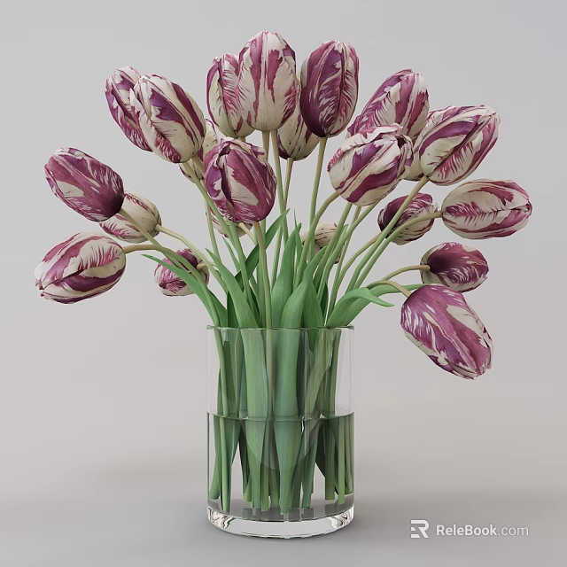 Purple And White Tulips Arranged In Glass Vase With Green Stems 3d model 