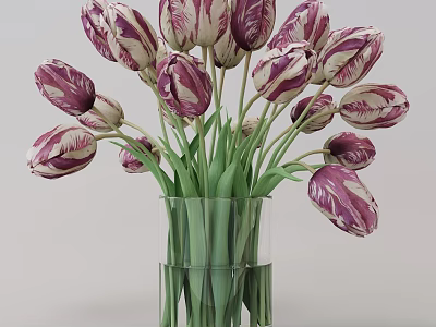 Purple And White Tulips Arranged In Glass Vase With Green Stems 3d model