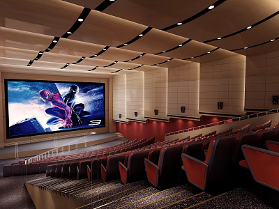 Modern Cinema Projection Hall With Large Screen And Red Comfortable Seats 3d model
