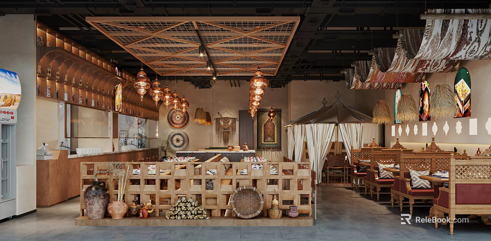 Traditional Restaurant With Wooden Lattice Ceiling Brass Pendant Lights Bar Counter Clay Pots And Canopy Seats 3d model 