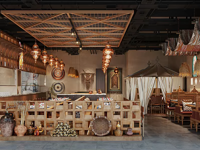 Traditional Restaurant With Wooden Lattice Ceiling Brass Pendant Lights Bar Counter Clay Pots And Canopy Seats 3d model