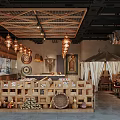 Traditional Restaurant With Wooden Lattice Ceiling Brass Pendant Lights Bar Counter Clay Pots And Canopy Seats