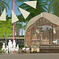 Beachfront Dome Shaped Bungalows With Windmill Palm Trees And Rainbow View