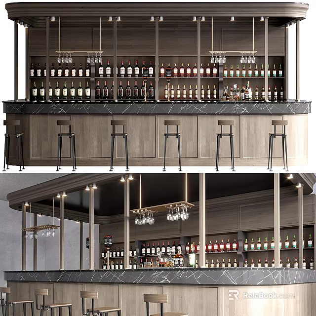 Modern Bar Interior Design With Wine Racks Hanging Glasses And Wooden Bar Stools 3d model 