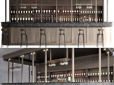 Modern Bar Interior Design With Wine Racks Hanging Glasses And Wooden Bar Stools 3d model