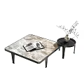 Square Coffee Table With Marble Texture Open Magazine And Side Table With Vase 3d model