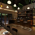 Modern Bar Interior Design With Lush Greenery Hanging Pendant Lights And Wooden Walls