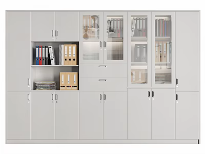 Modern Light Gray Bookcase With Glass Doors Drawers File Folders And Books 3d model