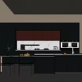 Modern Dark Gray Kitchen With Brown Upper Cabinets White Countertop Island And Chairs
