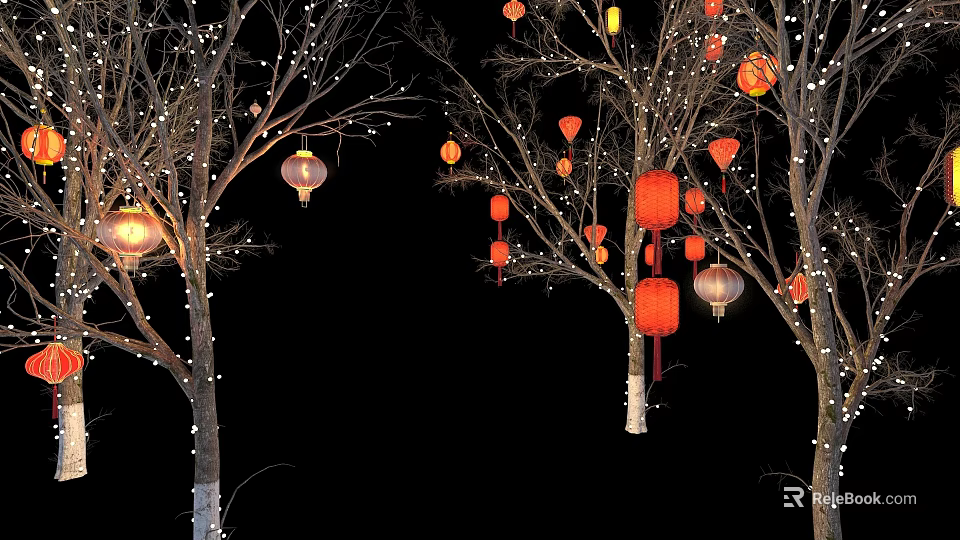 Decorative Arbor Trees With Red Lanterns And White String Lights At Night 3d model 