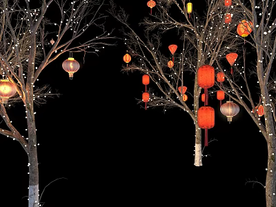 Decorative Arbor Trees With Red Lanterns And White String Lights At Night 3d model