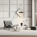 Gray Quilted Single Sofa With Metal Frame Ottoman Side Table And Modern Pendant Light 3d model