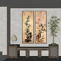 Bamboo Themed Botanical Paintings as Wall Decor in Interior with Real Bamboo Plant