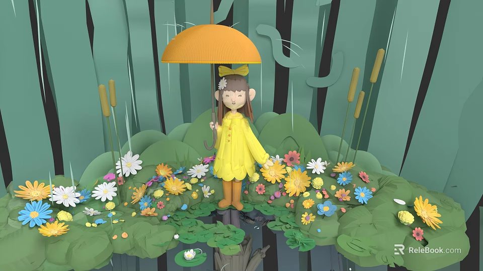 Little Girl In Yellow Raincoat Holding Orange Umbrella Among Colorful Flowers And Reeds 3d model 