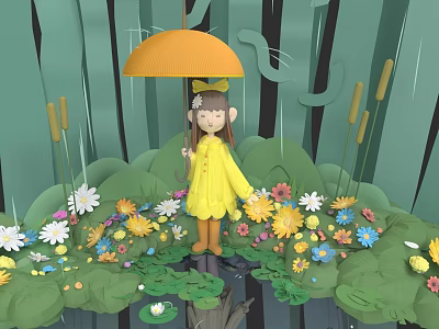 Little Girl In Yellow Raincoat Holding Orange Umbrella Among Colorful Flowers And Reeds 3d model