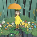 Little Girl In Yellow Raincoat Holding Orange Umbrella Among Colorful Flowers And Reeds