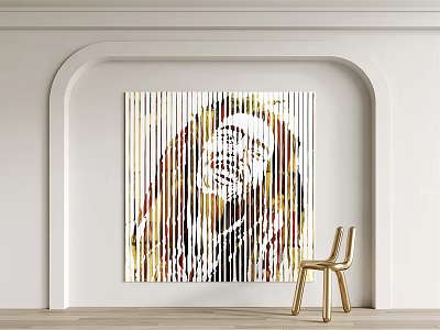 Portrait Painting Of Long Haired Figure On White Arch Wall With Golden Chair 3d model