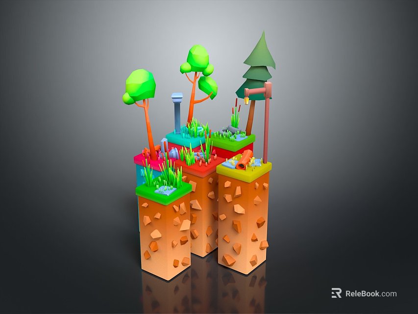 3D Rendered Colorful Layered Landscape With Tower Terrain Multicolored Soil Layers Green Trees And Grass 3d model 