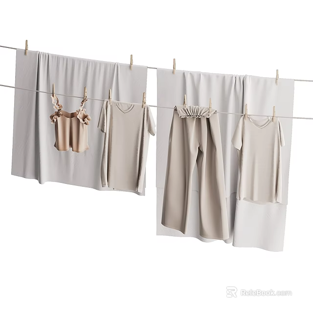 Light Colored Clothes Hanging On Rope With Clothespins For Drying 3d model 