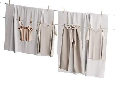 Light Colored Clothes Hanging On Rope With Clothespins For Drying 3d model