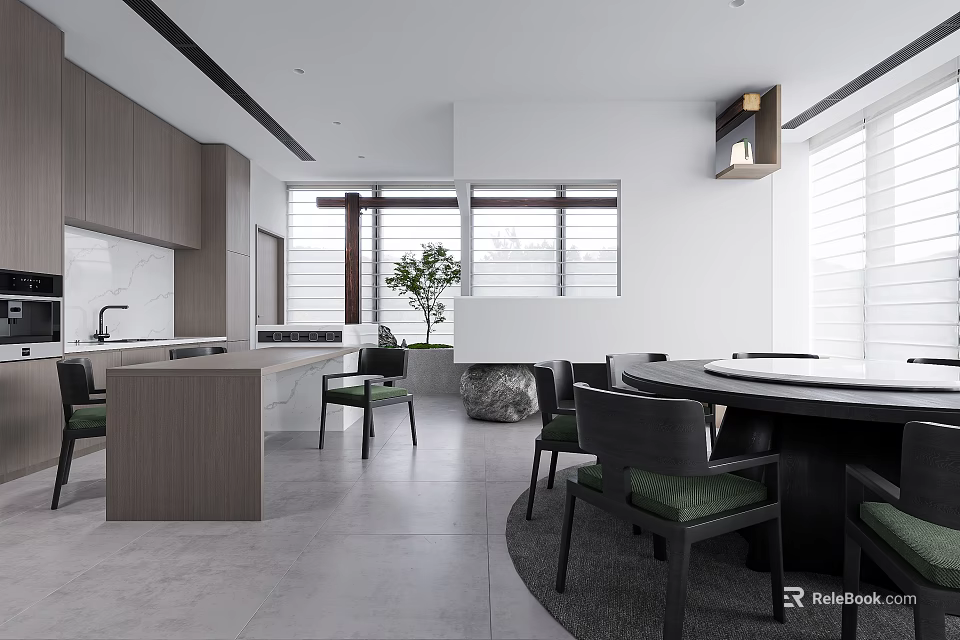 Modern Restaurant Interior With Round Dining Table Green Chairs Open Layout And Natural Light 3d model