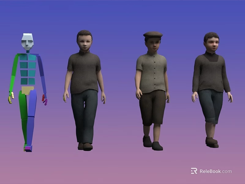 Men in Different Outfits Standing with Colorful Segmented Human Figure on Gradient Background 3d model 