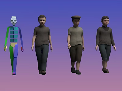 Men in Different Outfits Standing with Colorful Segmented Human Figure on Gradient Background 3d model
