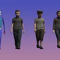 Men in Different Outfits Standing with Colorful Segmented Human Figure on Gradient Background