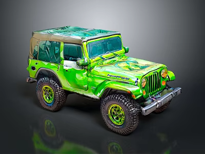 Green Custom Jeep With Open Top Large Off Road Tires And Unique Graphics 3d model