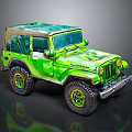 Green Custom Jeep With Open Top Large Off Road Tires And Unique Graphics